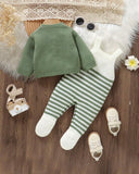 Newborn Baby Green and White Striped Cardigan + Suspender Romper