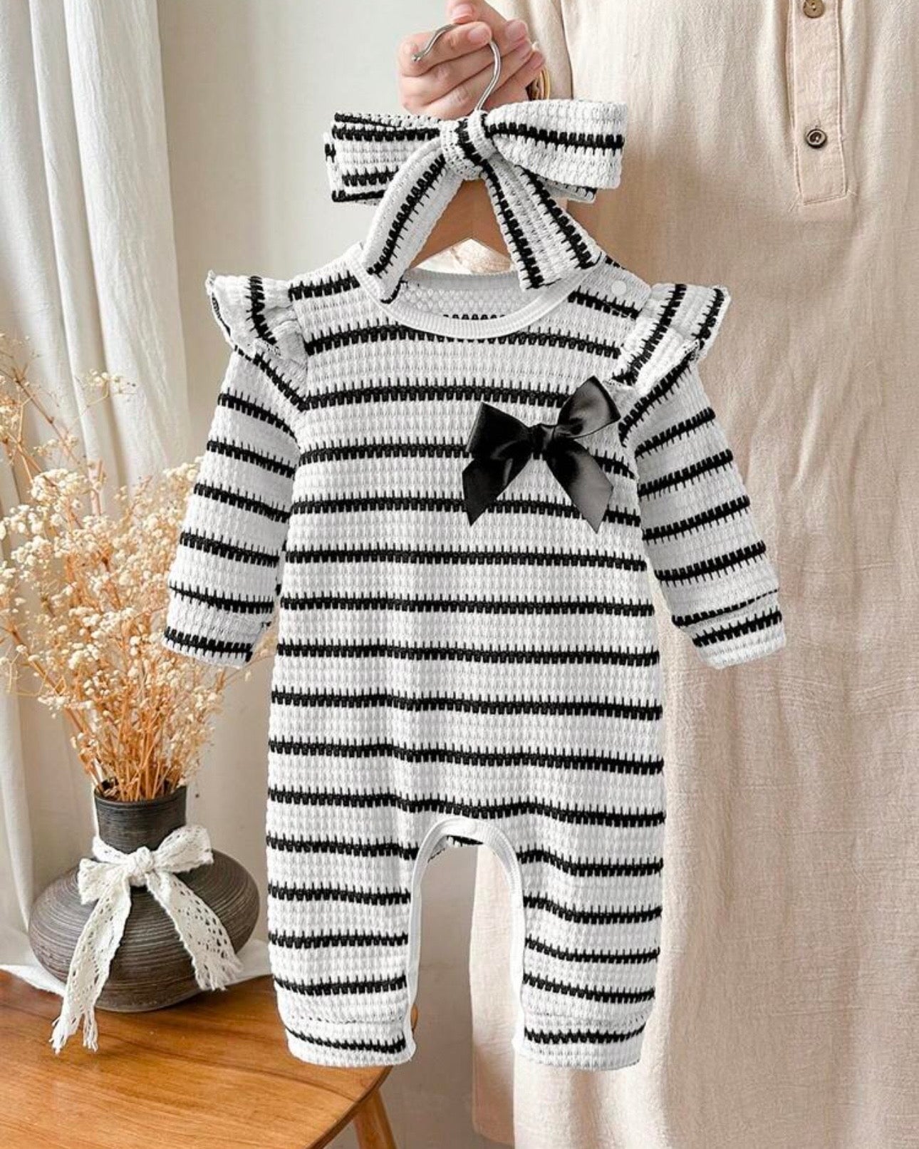 Newborn Baby Girl 2-Piece Black & White Striped Knit Romper Set with Headband