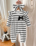 Newborn Baby Girl 2-Piece Black & White Striped Knit Romper Set with Headband