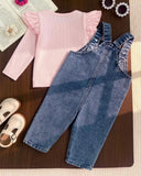 Baby Girl Denim Overall Set, 2-Piece Bow Embroidered Outfit