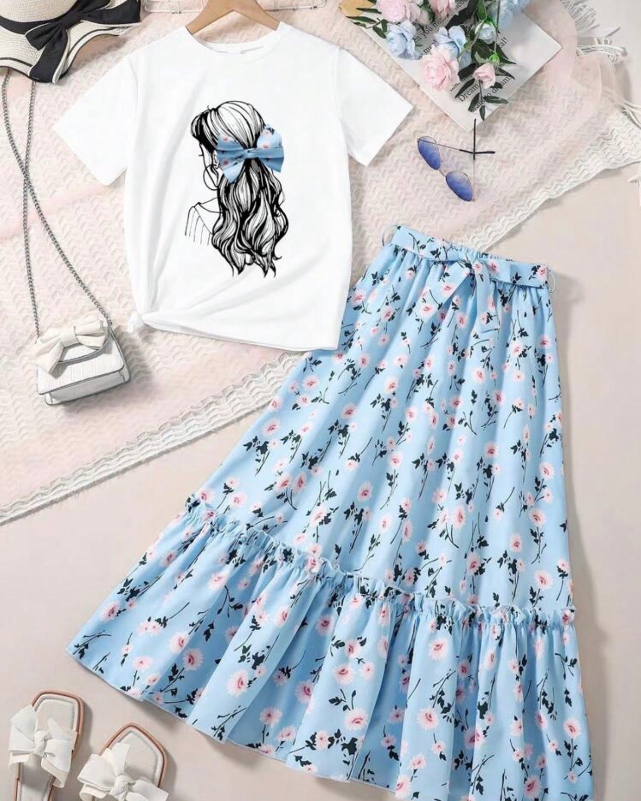 Tween Girls 2-Piece Back View Girl Top & Long Ditsy Floral Skirt