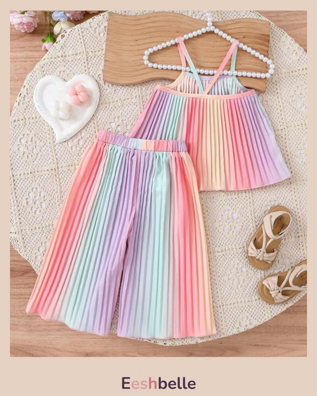 2 Pcs Set Rainbow Ombre Pleated Spaghetti Strap Crop Top With Wide Leg Pants Summer Outfits