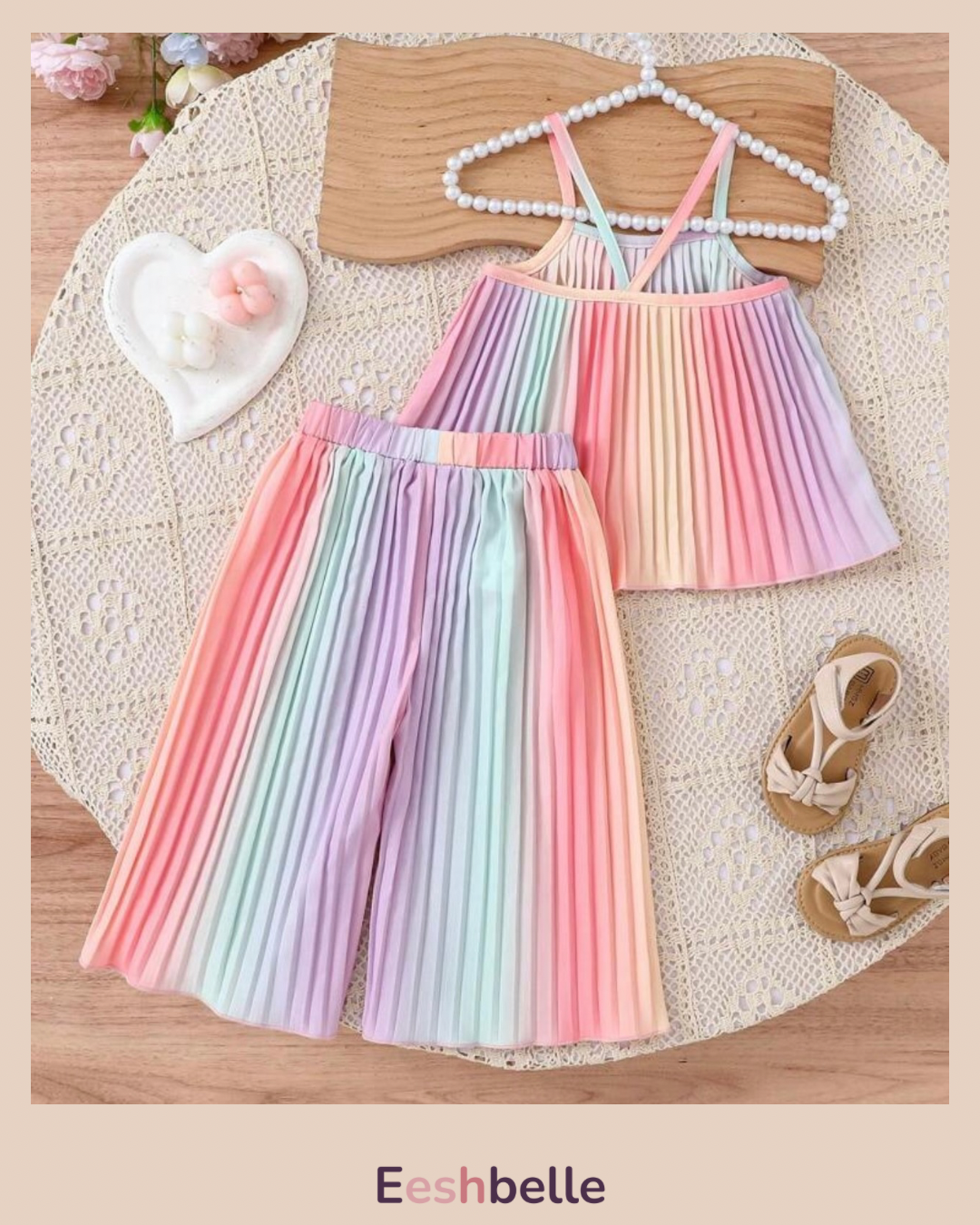 2 Pcs Set Rainbow Ombre Pleated Spaghetti Strap Crop Top With Wide Leg Pants Summer Outfits