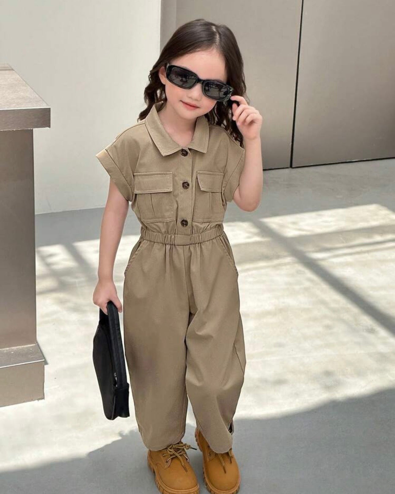 Tween Girls Khaki Green Woven Jumpsuit