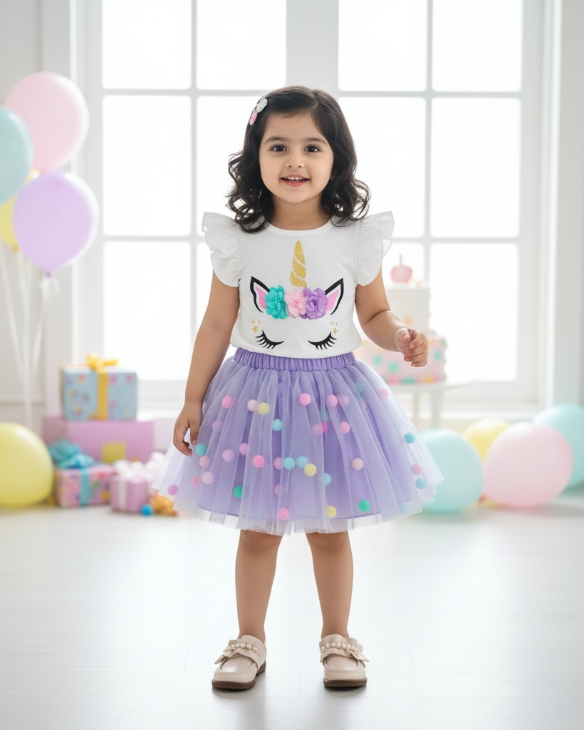 Girls Purple 3D Unicorn Cap Sleeve T-Shirt & Mesh Skirt 2-Piece Set