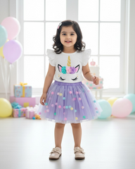 Girls Purple 3D Unicorn Cap Sleeve T-Shirt & Mesh Skirt 2-Piece Set