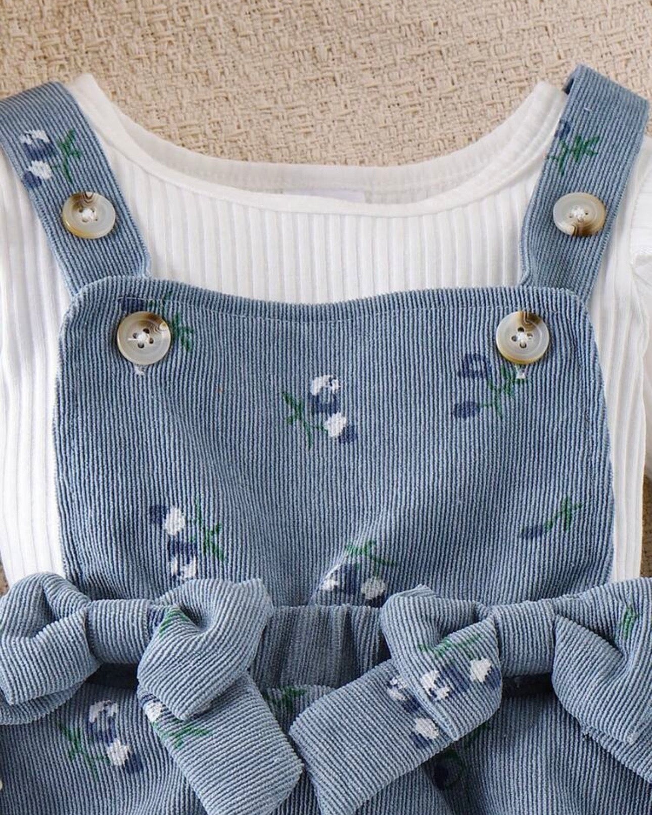 3-Piece Baby Girl  Blue Floral Ruffle Suspender Dress with Top & Bow Headband