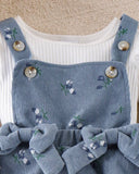 3-Piece Baby Girl  Blue Floral Ruffle Suspender Dress with Top & Bow Headband