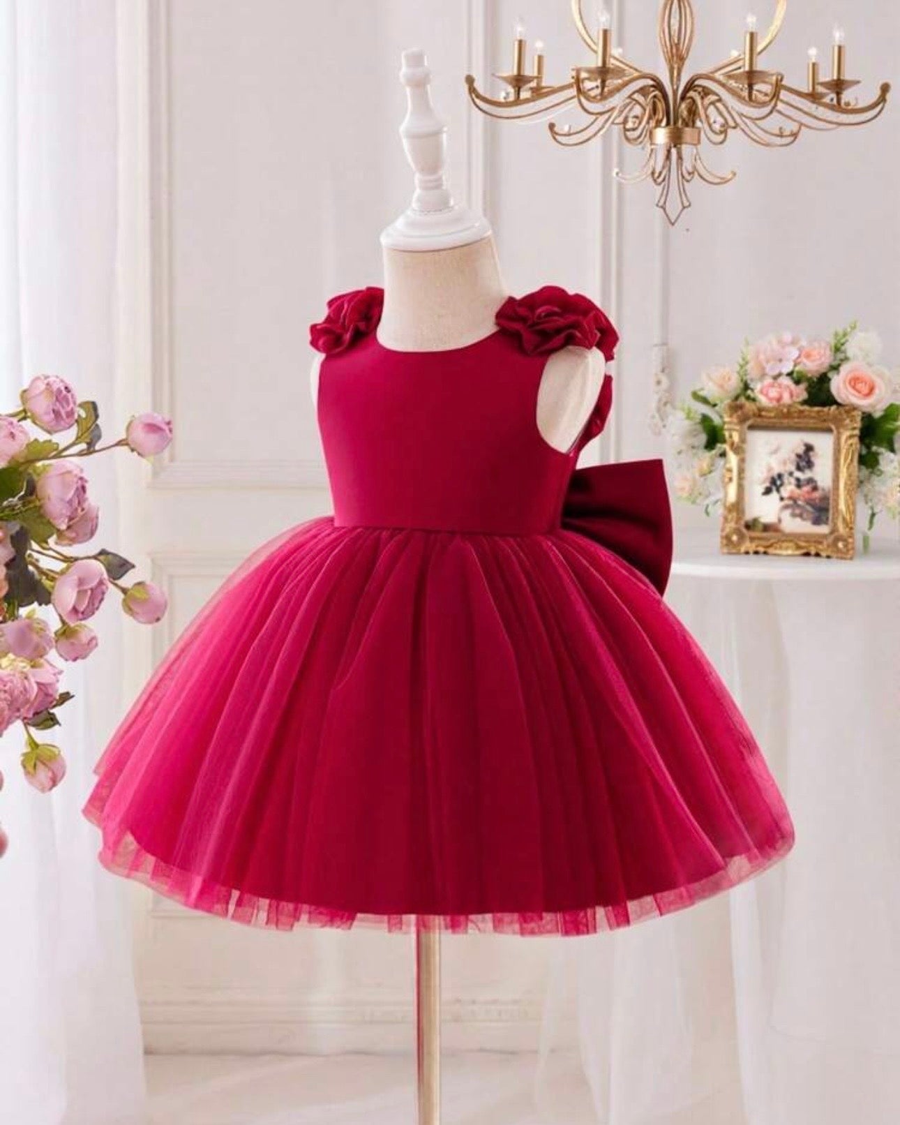 Baby Girls Red Satin & Mesh Princess Dress With 3D Flowers