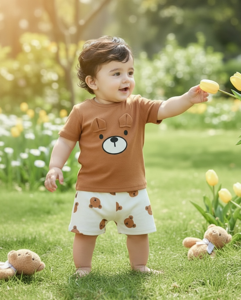 Baby Boy Brown Teddy Bear Ribbed Summer Set