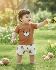 Baby Boy Brown Teddy Bear Ribbed Summer Set