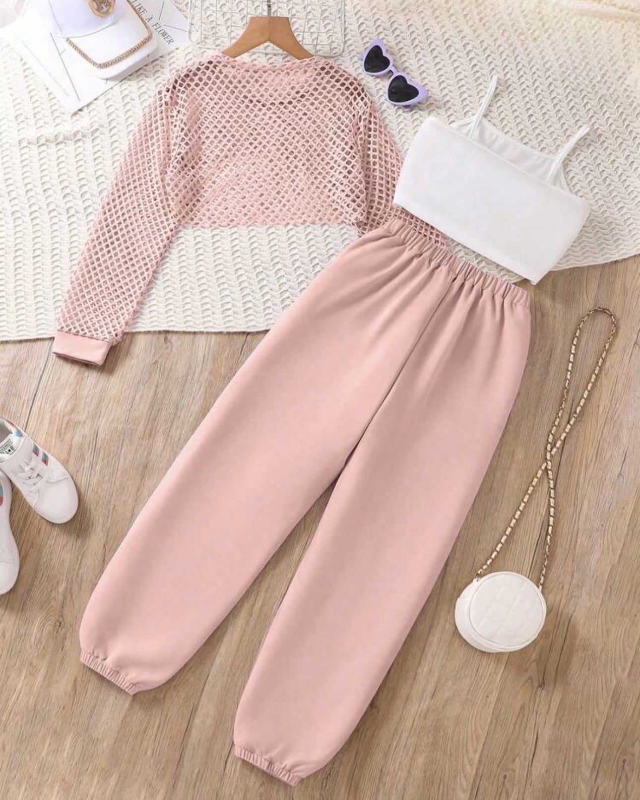 3pc Pink Brooklyn Camisole, Hollow Cover Up & Sports Pants Set
