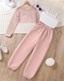 3pc Pink Brooklyn Camisole, Hollow Cover Up & Sports Pants Set