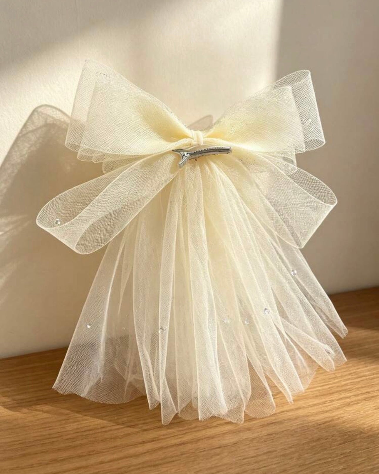 1PC Cream White Multi-Layer Tulle Rhinestone Bow Hair Clip
