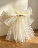 1PC Cream White Multi-Layer Tulle Rhinestone Bow Hair Clip