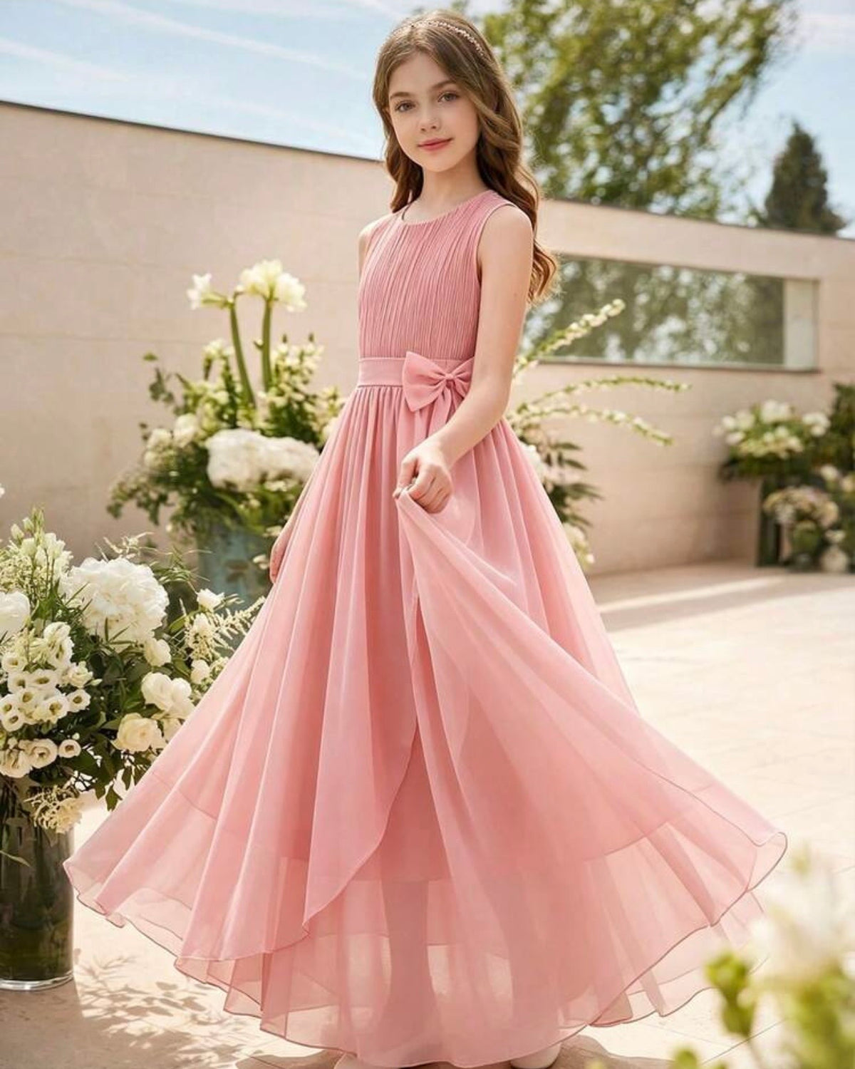 Girls Dusty Pink Chiffon Flower Dress