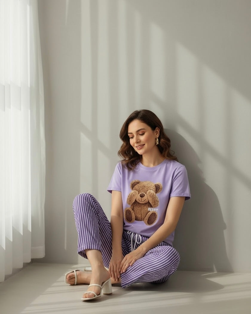 2pcs Women Summer Casual Bear Print Round Neck T-Shirt & Striped Pants Set