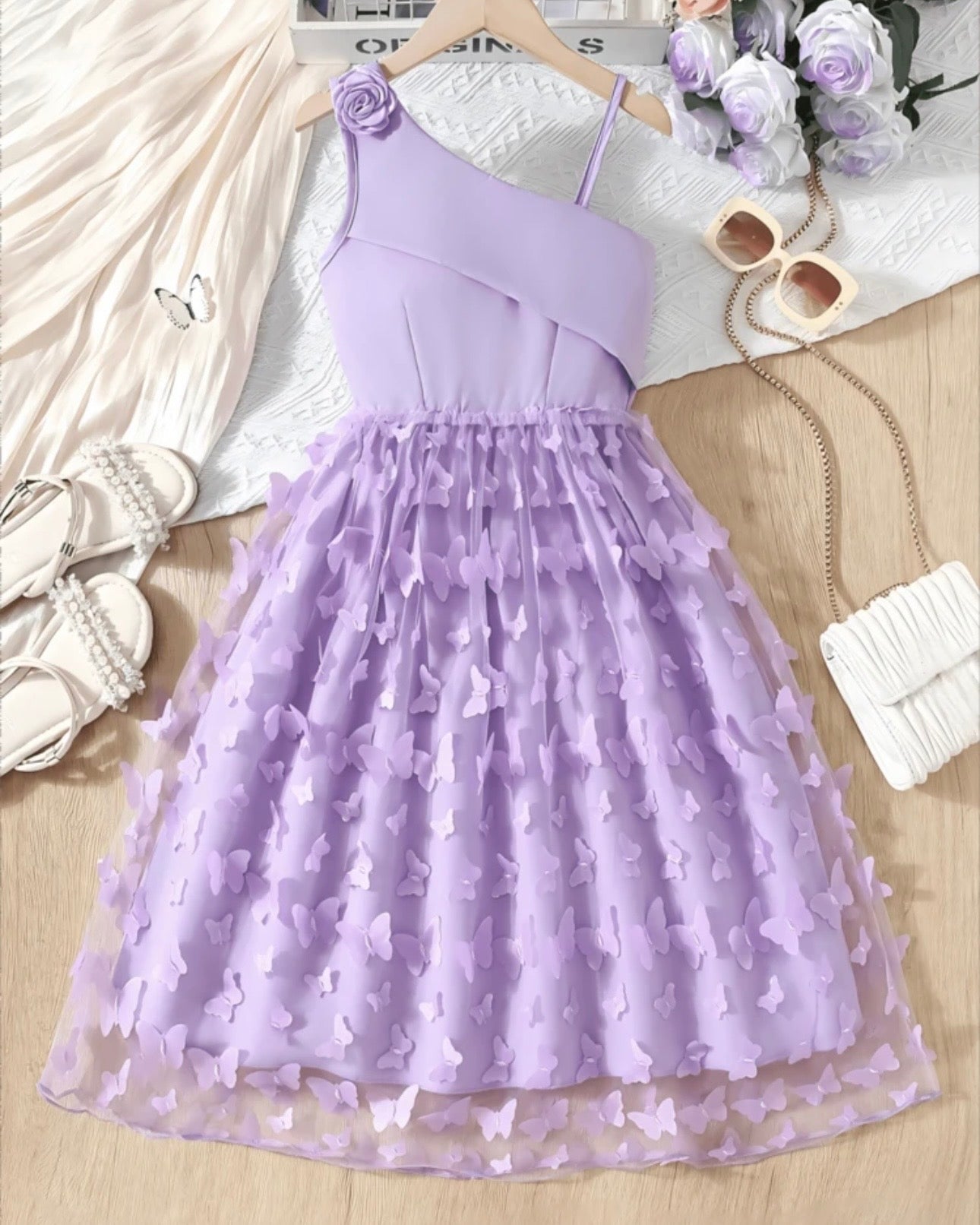 Tween Girls Purple Floral 3D Butterfly Applique Mesh Princess Dress