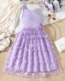 Tween Girls Purple Floral 3D Butterfly Applique Mesh Princess Dress