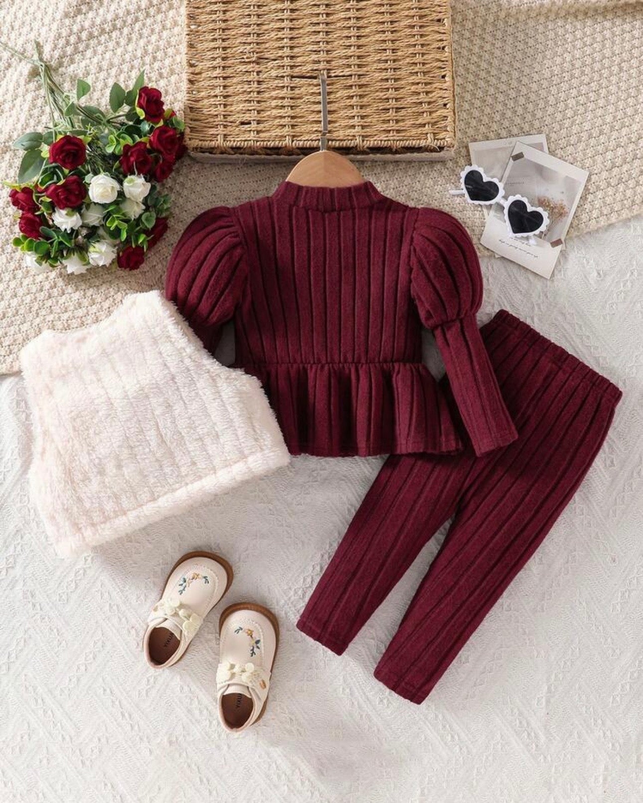 Baby Girls Red Dress, Vest Jacket & Pants 3-Piece Outfit Set