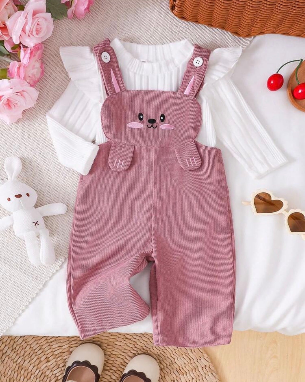 2pcs Baby Long Sleeve Casual Top + Cartoon Rabbit Embroidery Overalls