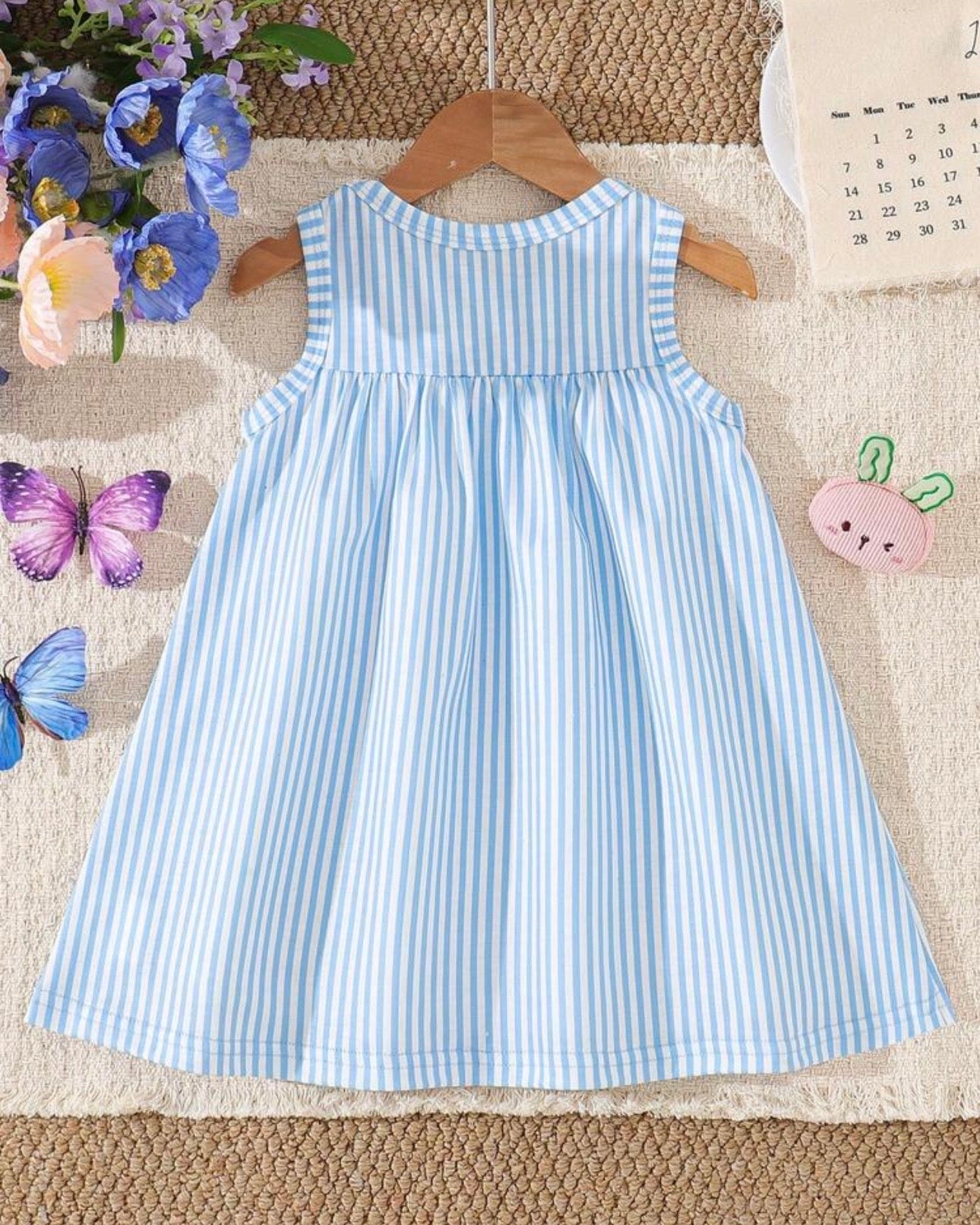 Baby Girl Blue Floral & Rabbit Print Suspender Dress