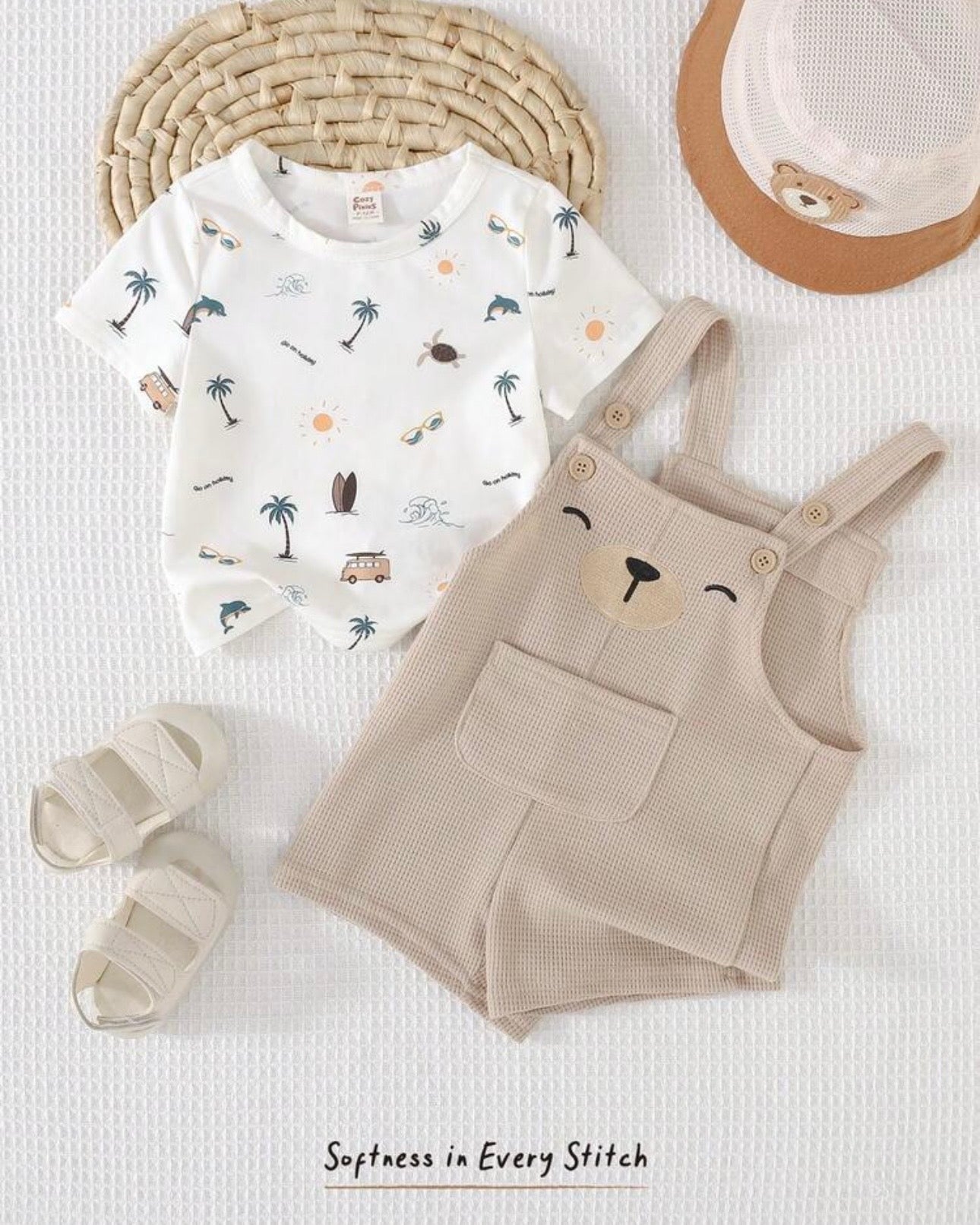 2pcs Baby Boy Cartoon Bear Knit Outfit – Short Sleeve Pullover & Bib Overalls Set