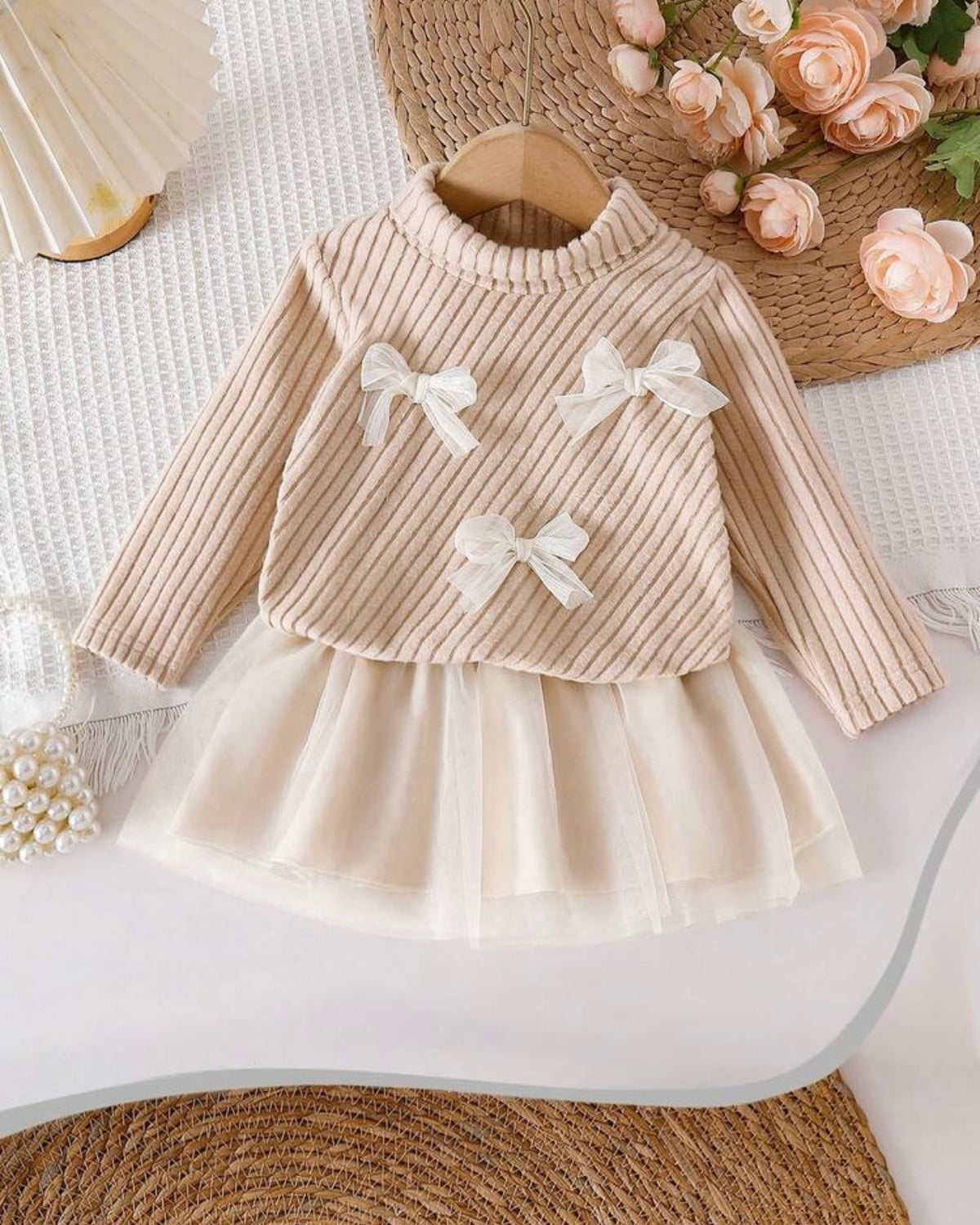 Baby Girl 2pc Beige Ribbed Turtleneck Top & Tulle Skirt Set