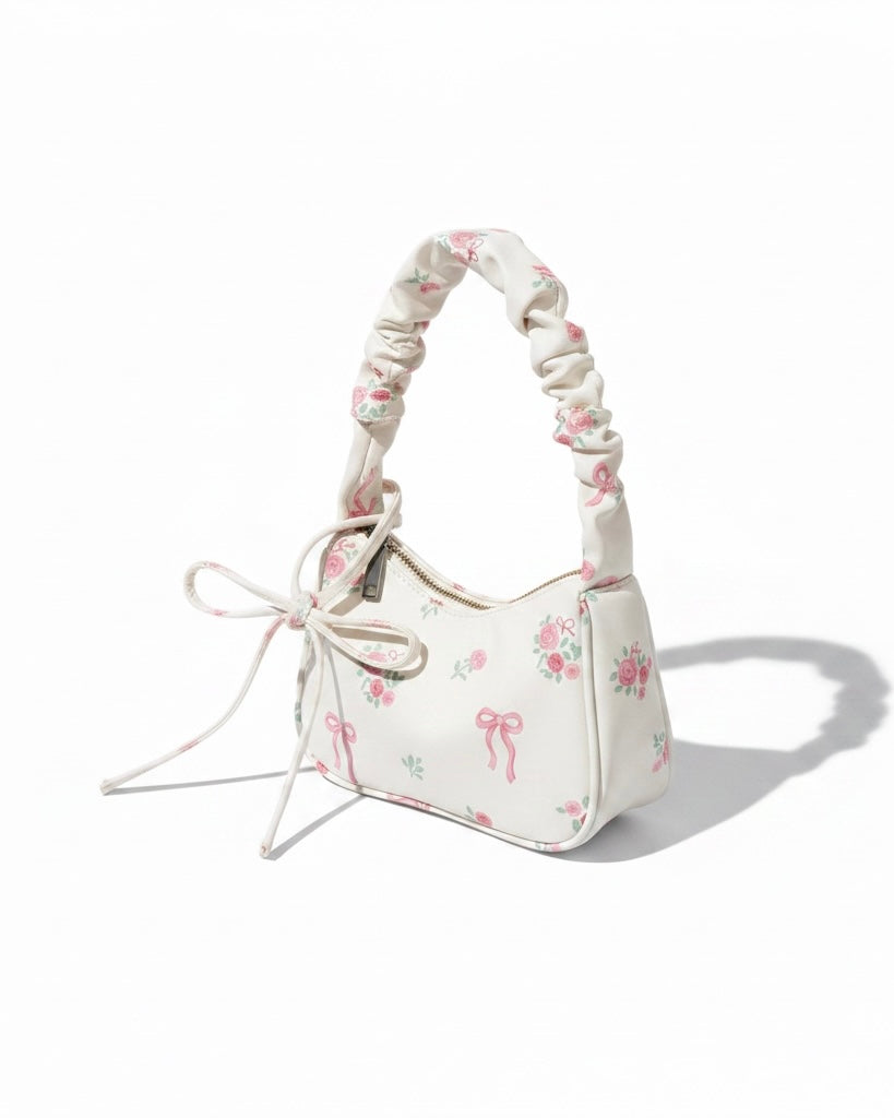 White Floral Bow Print Shoulder Bag