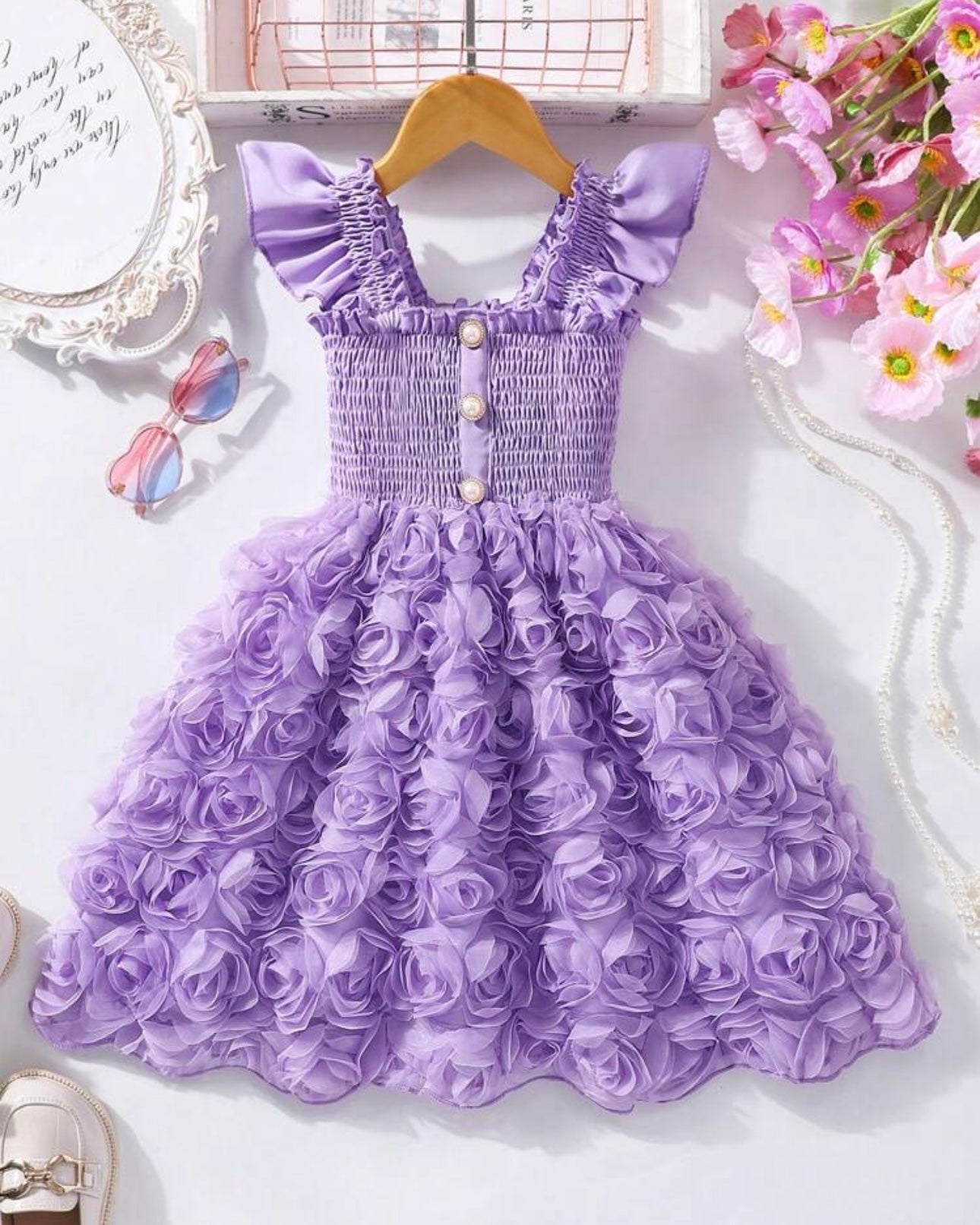 Floral Patchwork Summer Dress – Purple Colour Faux Shirred Cap Sleeve Dress