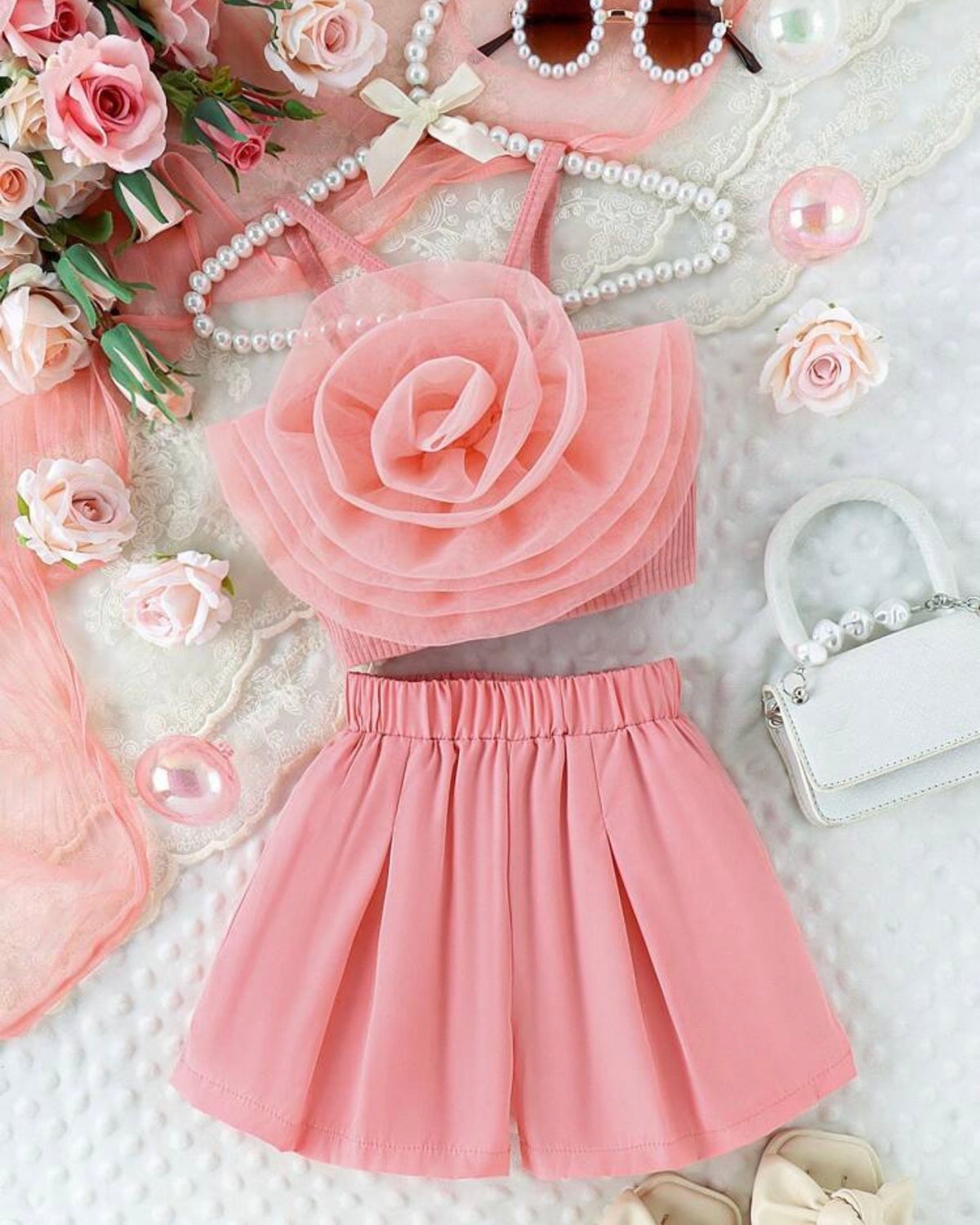 Girls Pink 2pcs 3D Flower Patchwork Camisole Top + Shorts