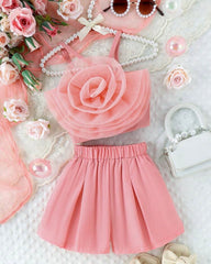 Girls Pink 2pcs 3D Flower Patchwork Camisole Top + Shorts