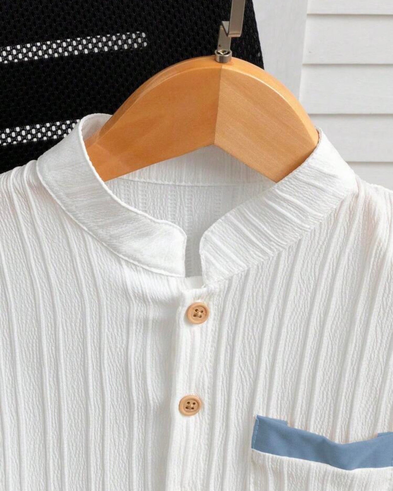 Boys 2pcs White Vertical Striped Short Sleeve Shirt & Blue Pants