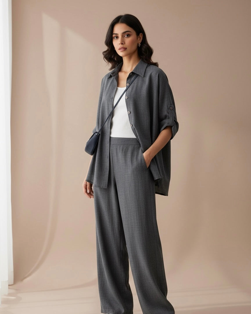 Women’s  2pcs Set – Turndown Collar Shirt & High Waist Wide Leg Pants