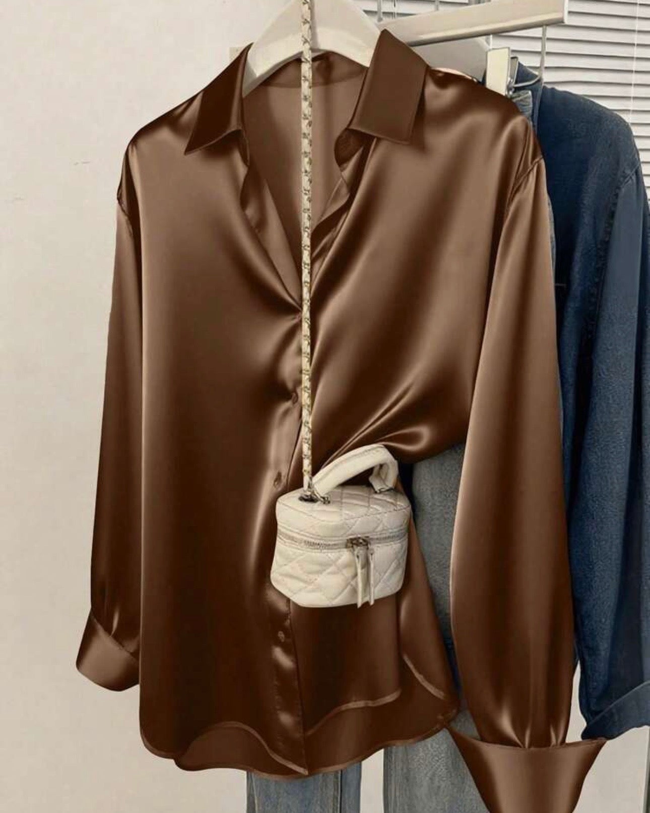 Rust Brown Women's Satin Casual Button-Up Shirt With Collar Design