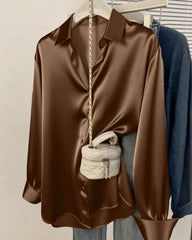 Rust Brown Women's Satin Casual Button-Up Shirt With Collar Design