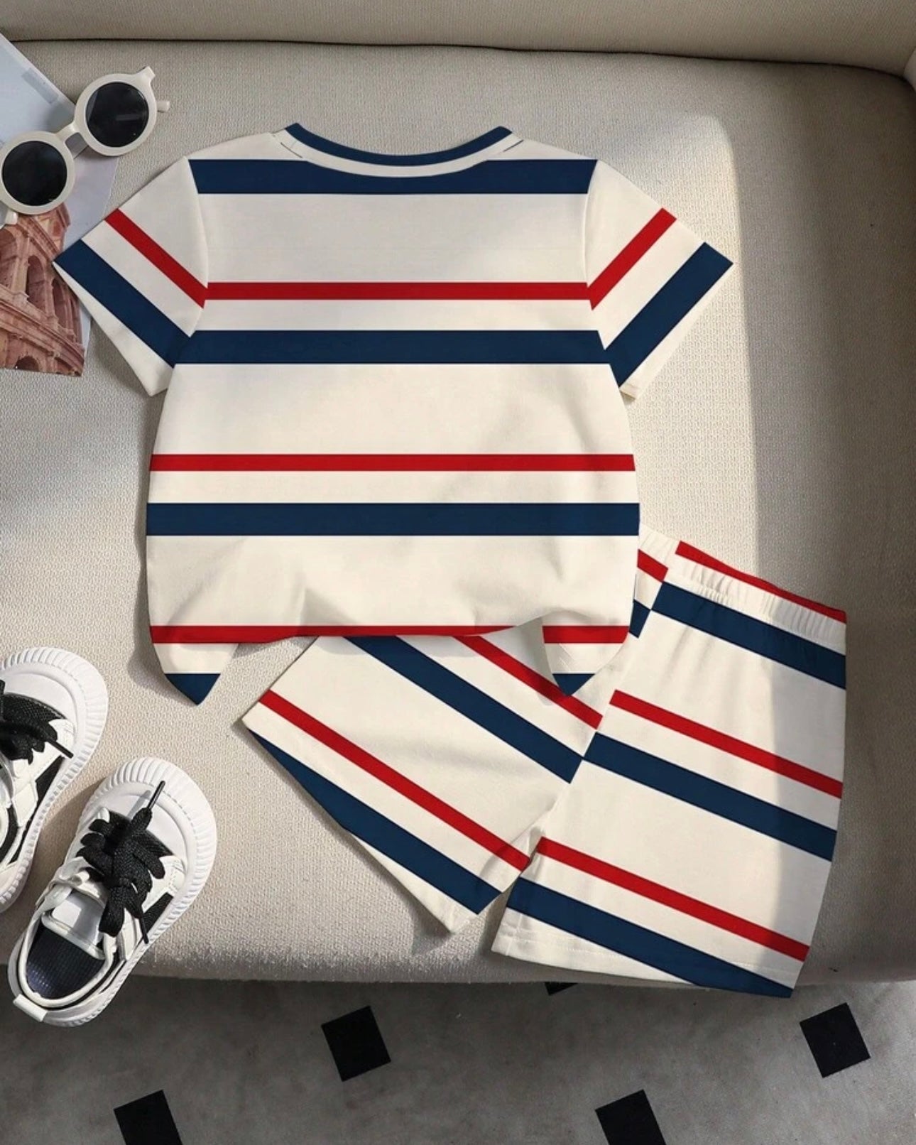 Baby Boys Contrast White and Red Stripe T-Shirt & Shorts Set – 2PCS Casual Summer Outfit