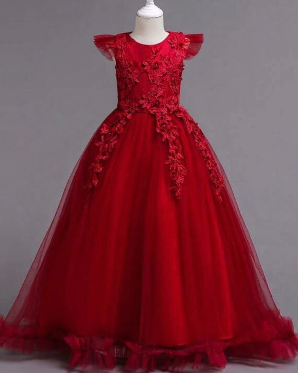 Girls’ Long Red Embroidered Princess Wedding Dress