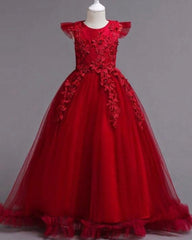 Girls’ Long Red Embroidered Princess Wedding Dress