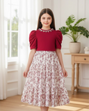 Tween Girl 2Pcs Outfit – Red Faux Pearl Top & Floral Ruffle Skirt Set