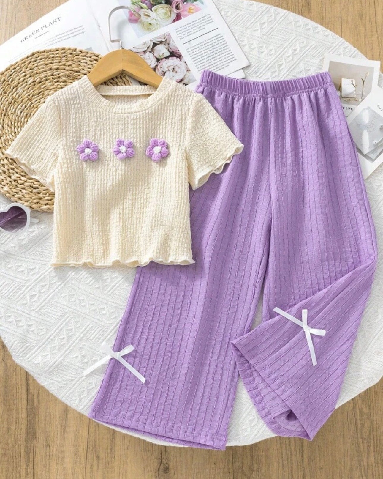 Girls Purple 3D Floral Textured T-Shirt & Pants Set – 2pcs Casual Outfit