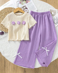 Girls Purple 3D Floral Textured T-Shirt & Pants Set – 2pcs Casual Outfit