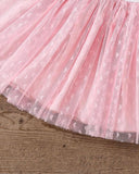 Girls Cartoon Print Mesh Splice Cap Sleeve Top And Heart Mesh Skirt