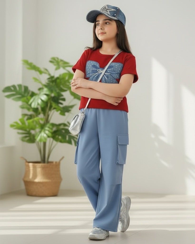 Tween Girls Blue Bow Graphic Red T-Shirt & Cargo Pants Set