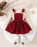 2pcs Baby Girl Long Sleeve Bodysuit & Burgundy Overall Dress Set