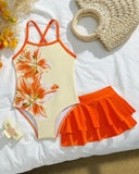 Young Girls Orange Floral Print One-Piece Swimsuit with Ruffle Skirt