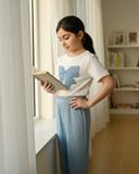 Tween Girls Blue Bow Embroidery White T-Shirt & Wide Leg Pants Set
