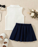 Baby Girl 2pc Blue & White Striped Polo Top & Pleated Skirt Set