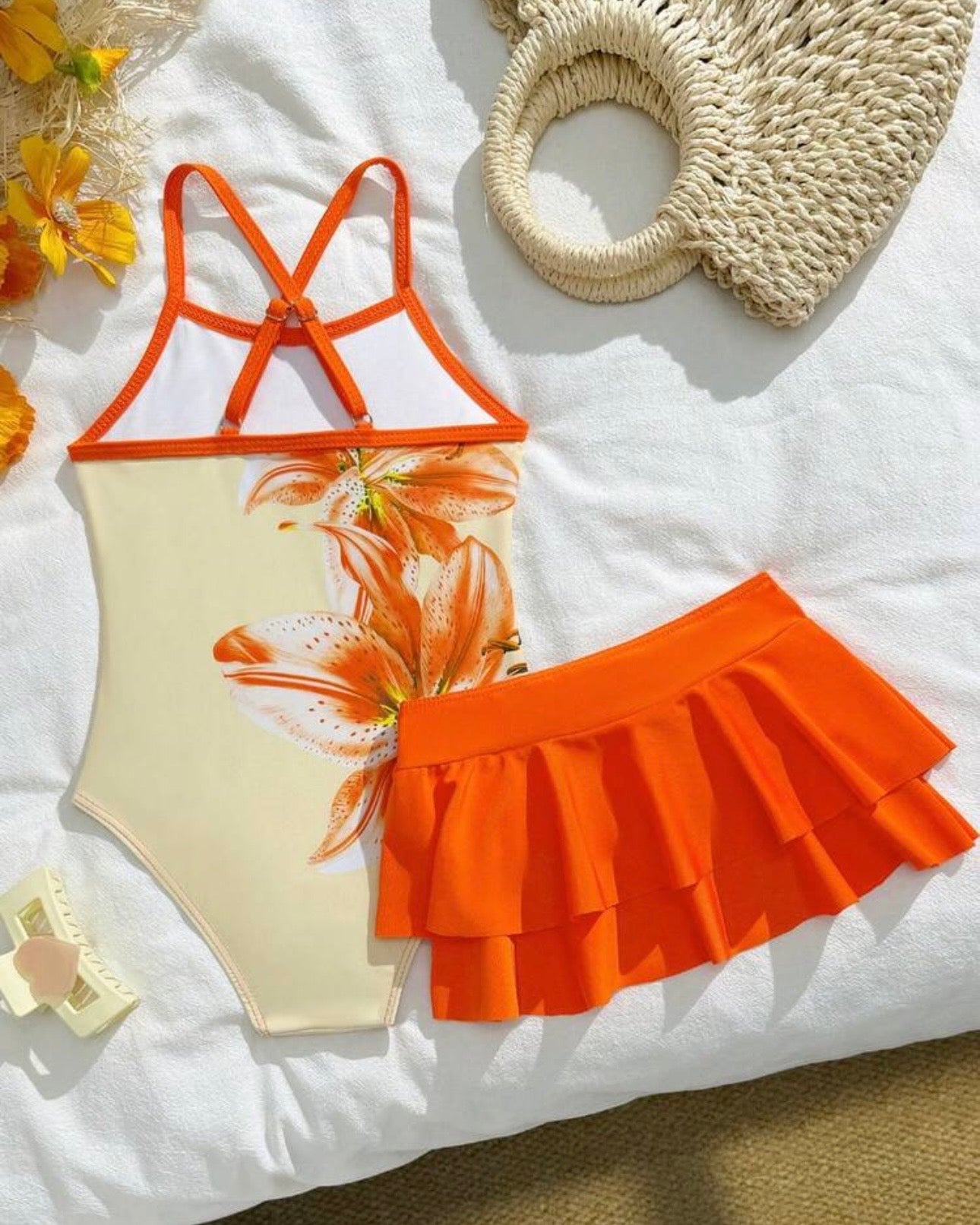 Young Girls Orange Floral Print One-Piece Swimsuit with Ruffle Skirt