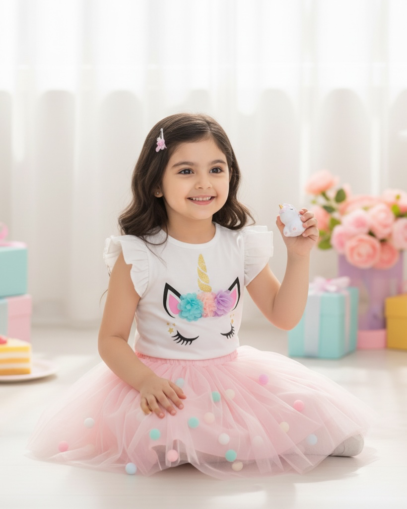 Girls Pink 3D Unicorn Cap Sleeve T-Shirt & Mesh Skirt 2-Piece Set